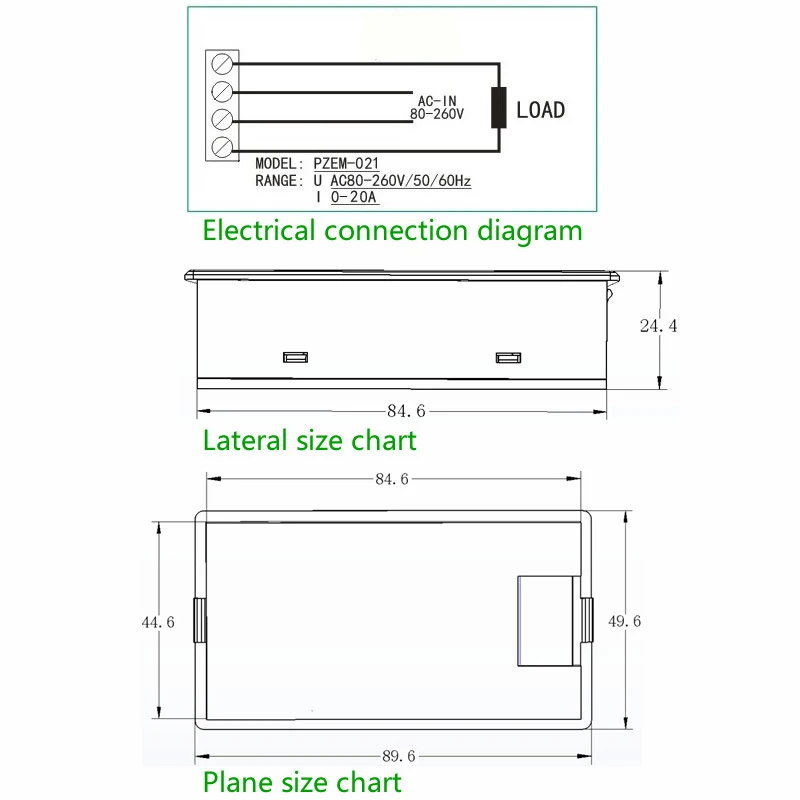 LED AC power monitor energy metering Product Dimension