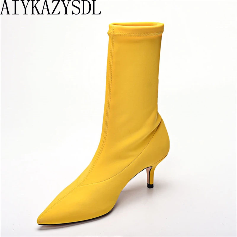 AIYKAZYSDL 2018 Women Stretch Elastic Sock Boots Kitten Heel High Boots Pointed Toe Slip On Ankle Boots Woman Pumps Stilettos 
