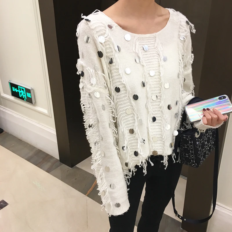 Flectit Women Metallic Sequin Fringe Sweater Black White Sequined Pullover Oversized Long Jumper Autumn Winter Tops