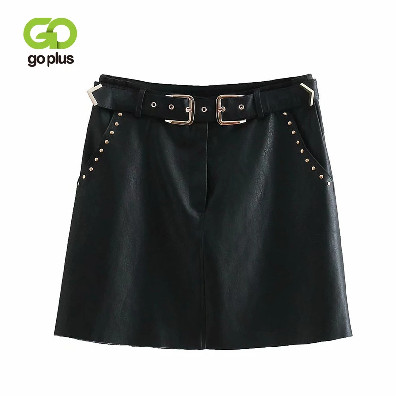 

GOPLUS Women PU Leather Black Skirt Rivet Sashes Pockets A-Line Skirts Faldas Mujer Office Lady Solid Casual Chic Mini Skirt
