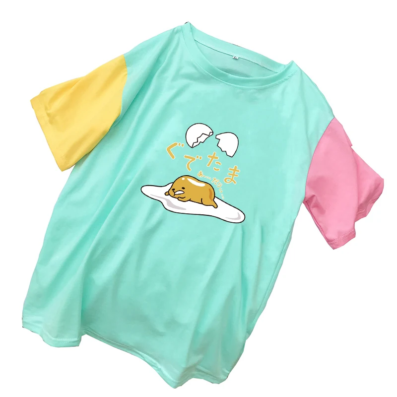 

Camiseta Mujer Summer Tee Shirt Femme Funny Gudetama Cartoon Print Harajuku Tshirt Korean Hit Color Splic Tops Kawaii Streetwear
