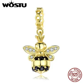 

WOSTU Real 100% 925 Sterling Silver 2019 Fashion Plated Gold Bee Charms Bead Fit Bracelet Pendant Fashion Jewelry Gift CQC831