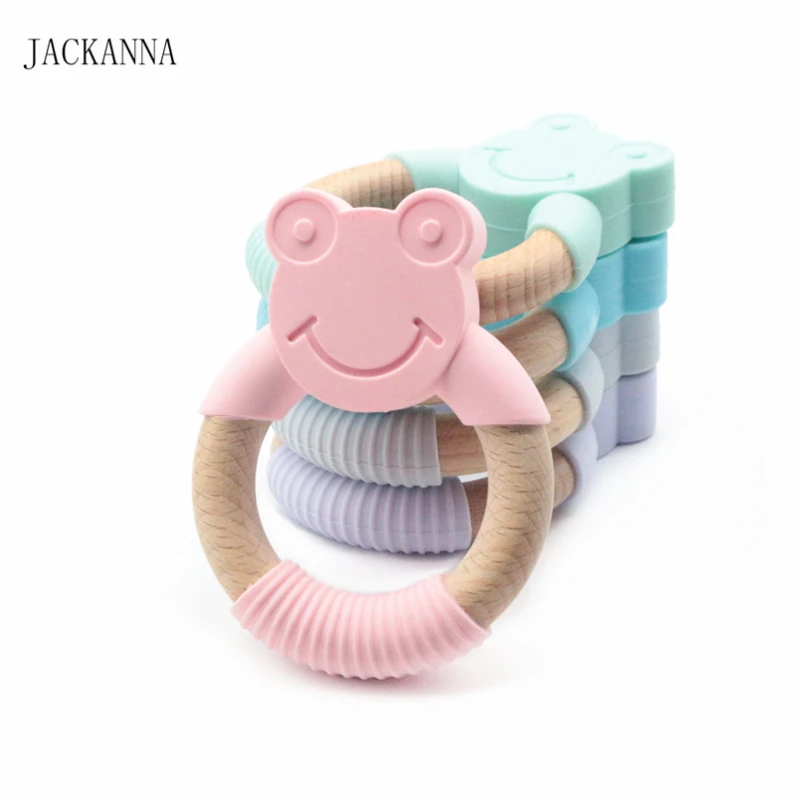 

10PCS Silicone Teethers Wooden Animal Frog Rattle Teething Toy Wood Ring Teether Newborn Kids Bijtring Toy Baby Gifts BPA Free