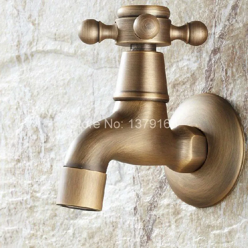 Antique Brass Cross Handle Laundry Bathroom Kitchen Wall Mount Basin Faucet Single Cold Tap aav104