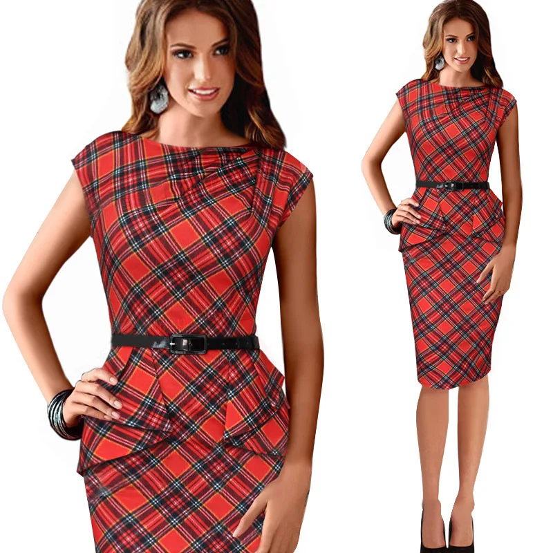 New Womens Vintage Elegant Belted font b Tartan b font Peplum Ruched Tunic Work Party sleeveless