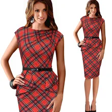 New Womens Vintage Elegant Belted Tartan Peplum Ruched Tunic Work Party sleeveless Pencil Sheath Bodycon Dress LYQ098