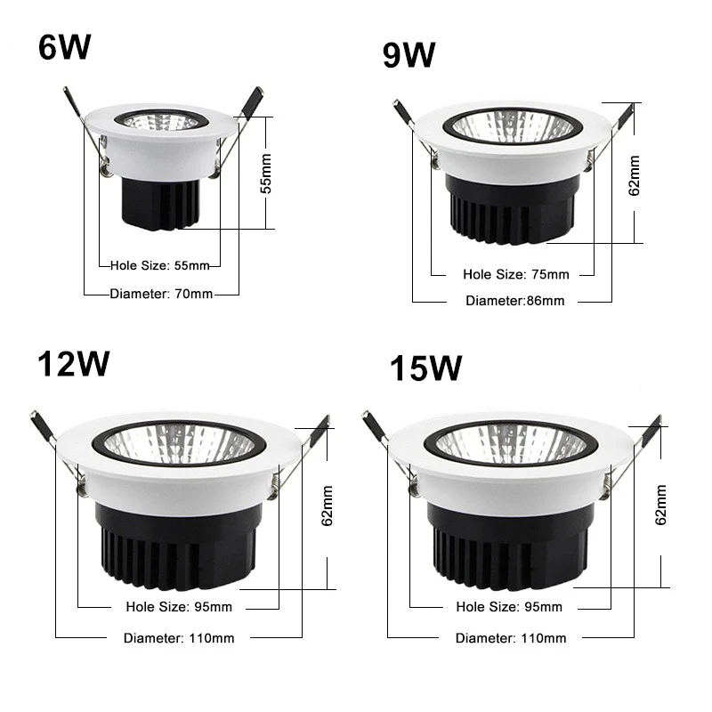 [DBF] Круглый Встраиваемый светодиодный COB даунлайт с регулируемой яркостью 6 Вт 9 Вт 12 Вт 15 Вт Светодиодный точечный потолочный светильник AC85-265V 3000 К/4000 к/6000 К Внутреннее освещение