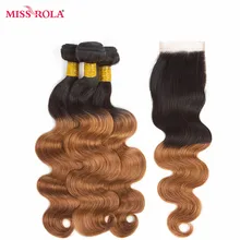 Miss Rola Hair Mongolian Body Wave Hair Weaving 3 Bundles With Closure #T1B/30 Color 100% Human Hair Non-Remy Hair Extensions
