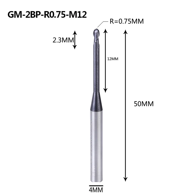 GM-2BP R0.25-0.75, Вольфрамовая сталь, 2 флейты, круглый нос, длинная шея, короткая режущая кромка, с покрытием, Концевая фреза с ЧПУ, фреза, режущие инструменты - Длина режущей кромки: GM-2BP-R0.75-M12