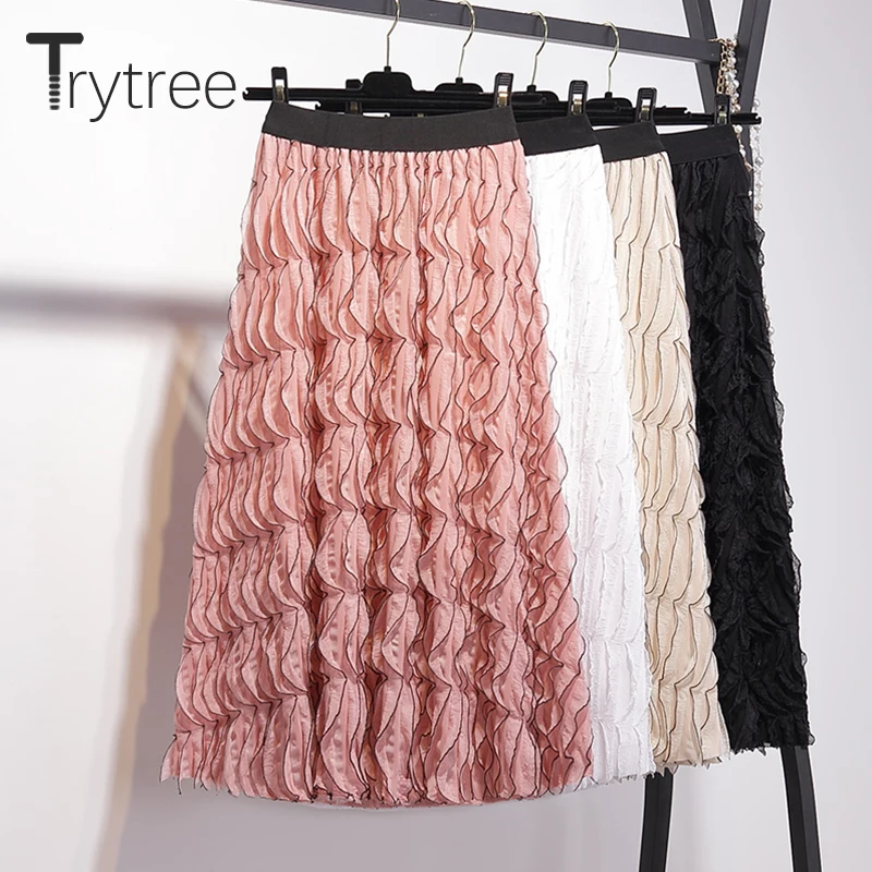 

Trytree Summer Autumn Casual Multi-layer Ruffles Striped Women Skirt Elastic Waist Skirt Female A-line Mid-Calf 5 Colours Skirts