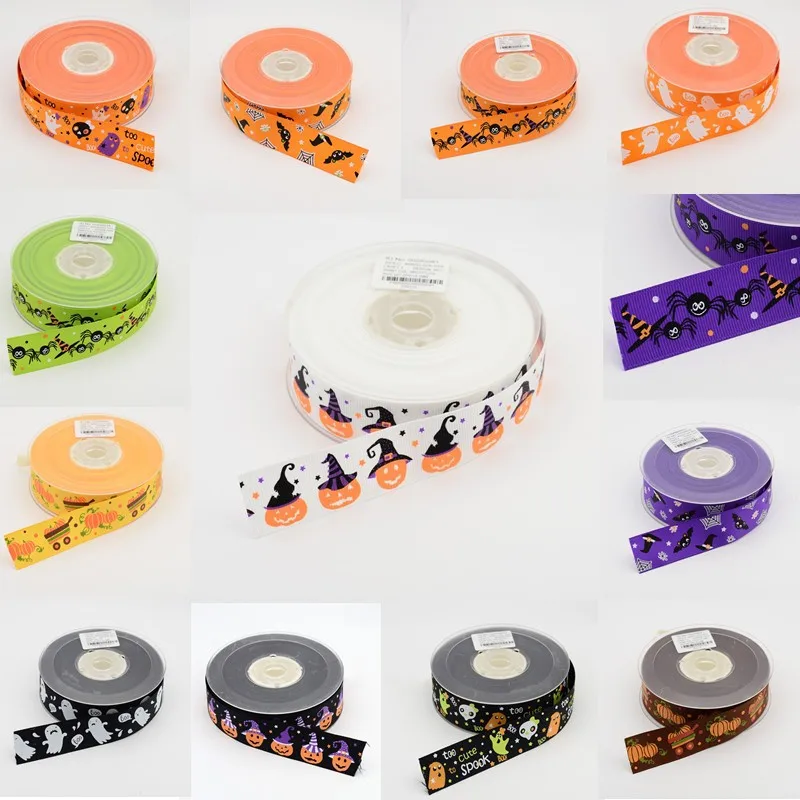 

100yards 25mm 1" Halloween Printed Grosgrain Ribbons Pumpkin Jack O lantern/skull spider web/Ghost ribbon diy hair bows