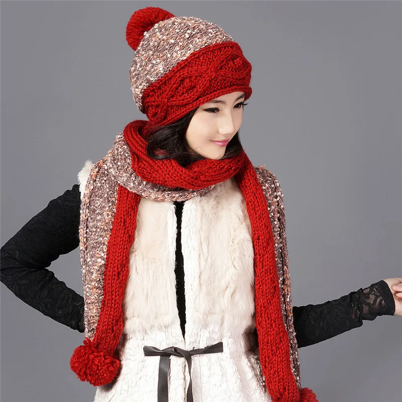Charles Perra женские наборы шарф шапка зимние утепленные шерстяные вязанные шапки с помпоном Повседневная Ручная работа из шерстяной ткани шапки 9582 - Цвет: red sets