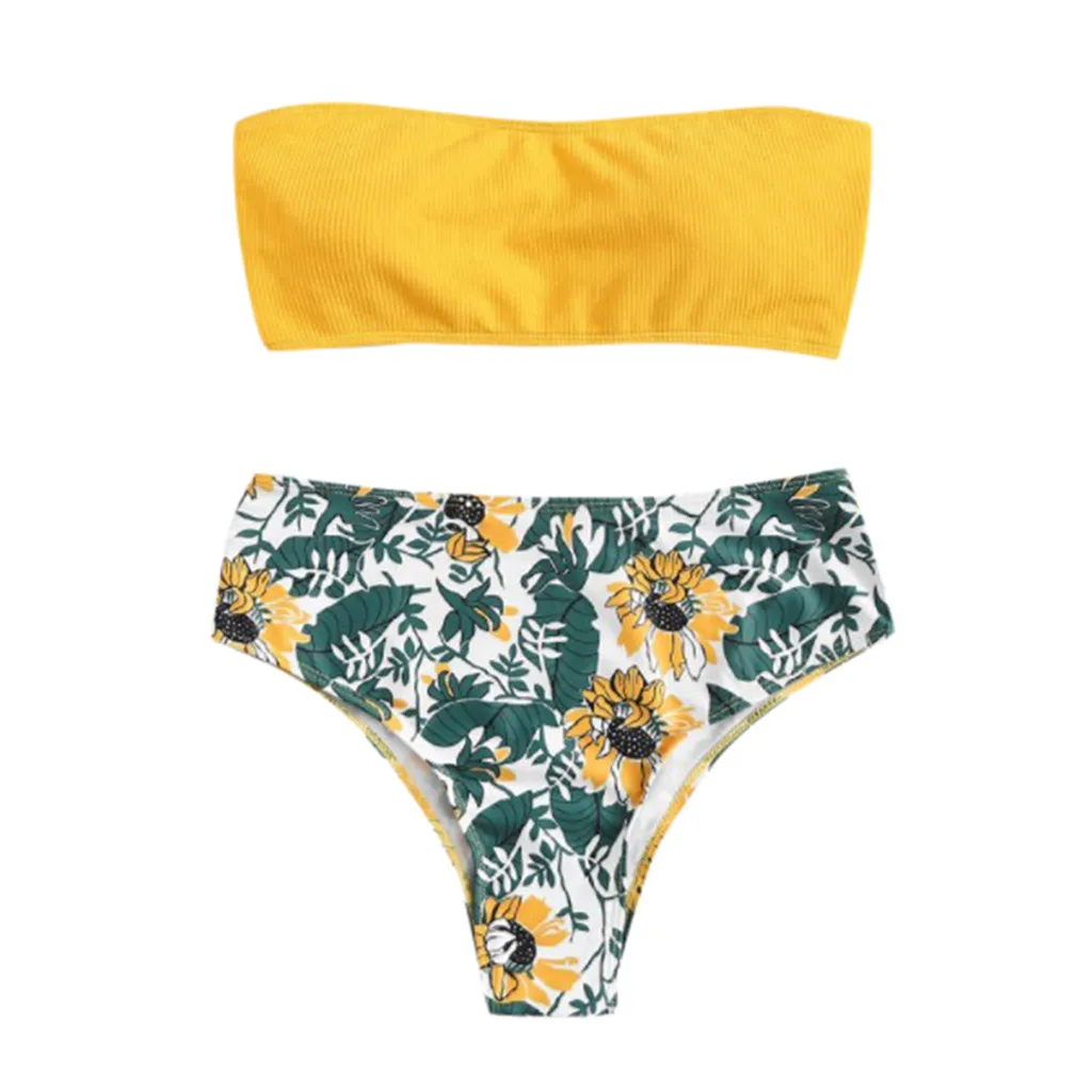 Бикини купальный костюм для женщин летний сексуальный топ-труба бандажный комплект бикини с принтом листьев Бразильский бикини пляжная одежда купальник - Цвет: Цвет: желтый