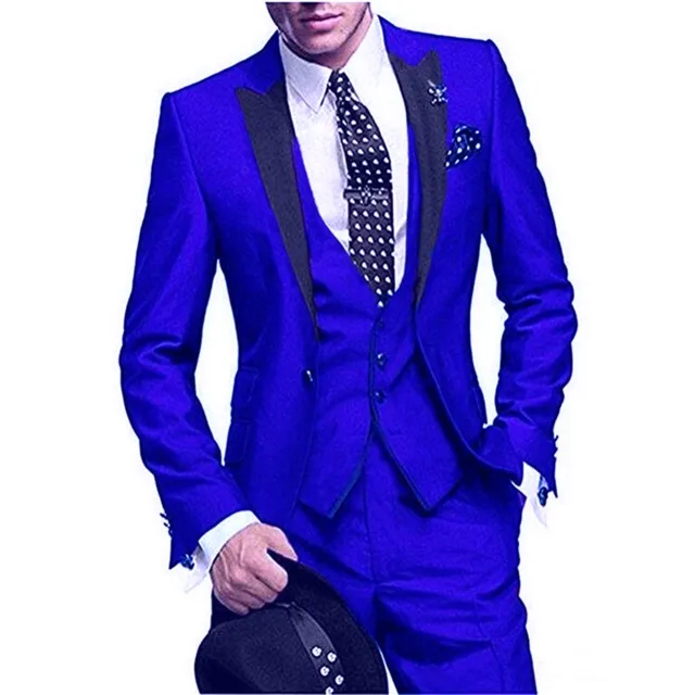 New Groomsmen Royal Blue Groom Tuxedos Peak Black Lapel
