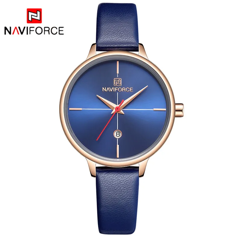 NAVIFORCE женские часы люксовый бренд женские кварцевые часы женские модные повседневные кожаный ремешок Авто Дата платье наручные часы reloj mujer - Цвет: Синий