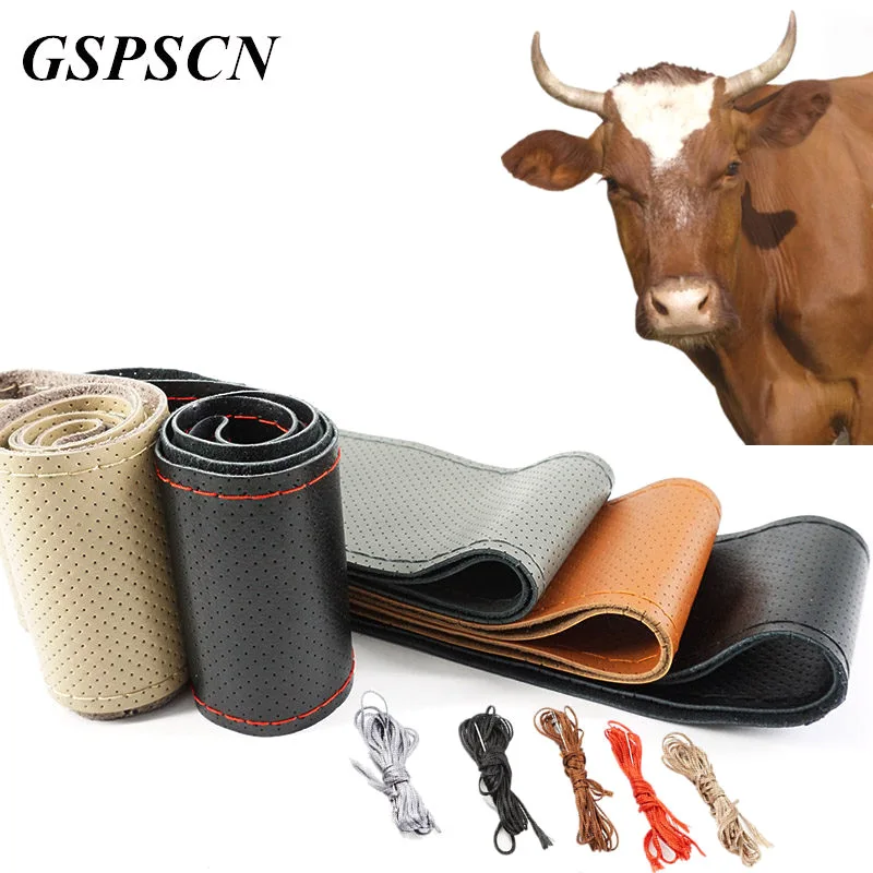 GSPSCN DIY Genuine Leather Car Steering Wheel Cover Soft Anti slip 100% Cowhide Braid With Needles Thread 36 38 40 cm Size GSPSCN DIY Genuine Leather Car Steering Wheel Cover Soft Anti slip 100% Cowhide Braid With Needles Thread 36 38 40 cm Size