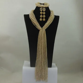 

Latest Full Champagne Gold African Crystal Beads Jewelry Set Long Beads Strands Party Women Jewelry Set Free Shipping HX896