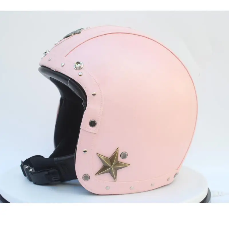 Мотоциклетный шлем из синтетической кожи ретро винтажный круизер чоппер Скутер кафе гонщик Мото шлем 3/4 открытый шлем - Цвет: Бежевый