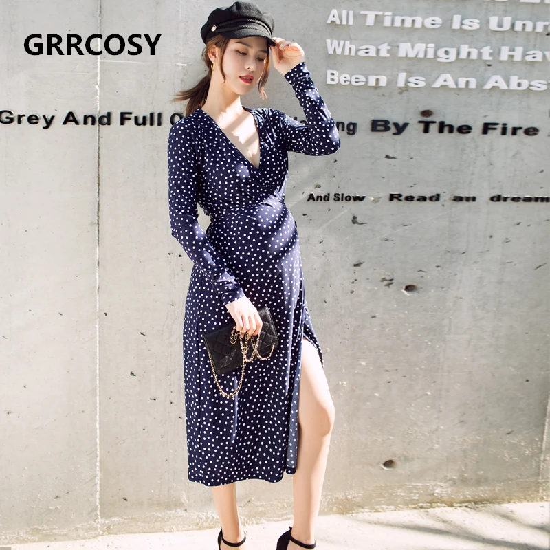 

GRRCOSY Maternity V-Neck Dot Dress Breast-feeding Autumn Long Wrap Dress Wave Point Pregnant Woman WraP