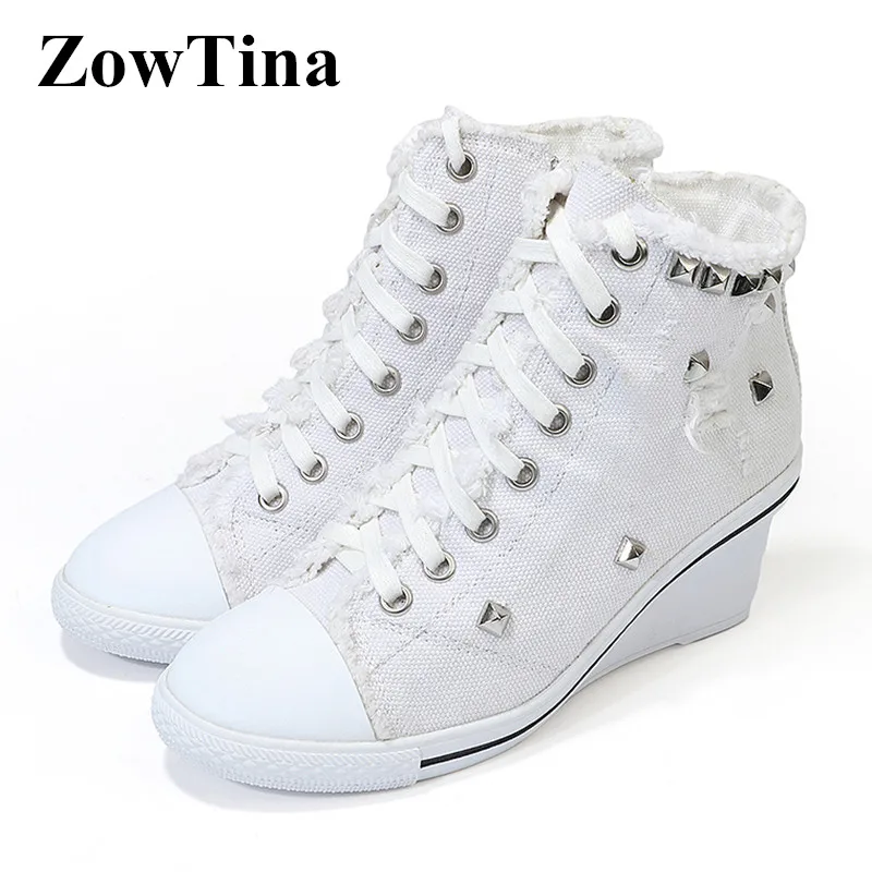 

White Denim Women Ankle Boots Studded Decor Wedge Pumps Lace Up Casual Botines Mujer Fashion Short Cowgirls Bottines Femme Heels