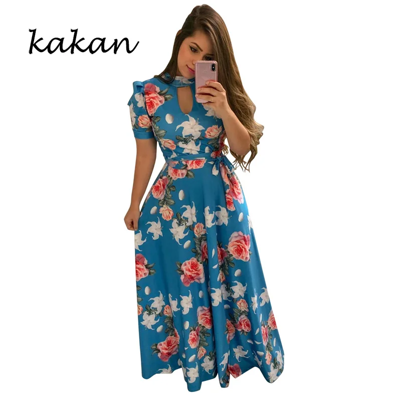 

Kakan summer new women's loose dress sexy fashion digital print beach dress XL S-5XL high collar short-sleeved dress