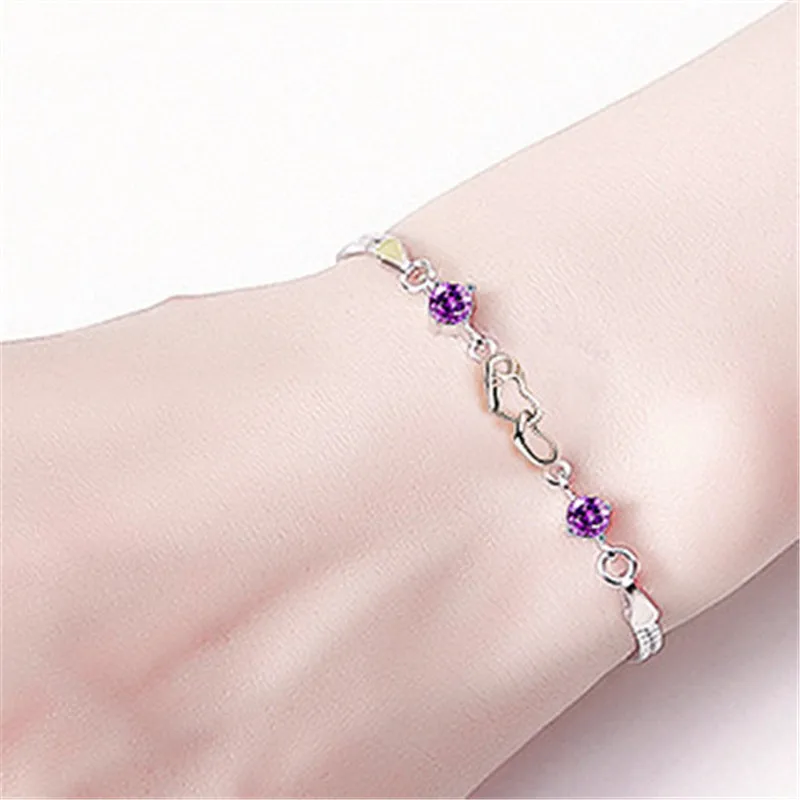 

popular two heart shape white and purple AAA CZ stone 925 sterling silver bracelet for women, jewelry fitting