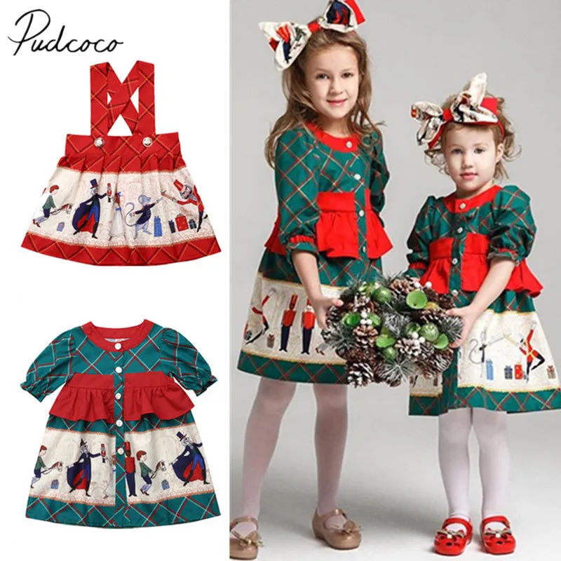 

2018 Brand New Xmas Infant Baby Girls Party Dress Cartoon Santa Pattern Print Ruffles Red Green Color Overall A-Line Dress 1-6Y