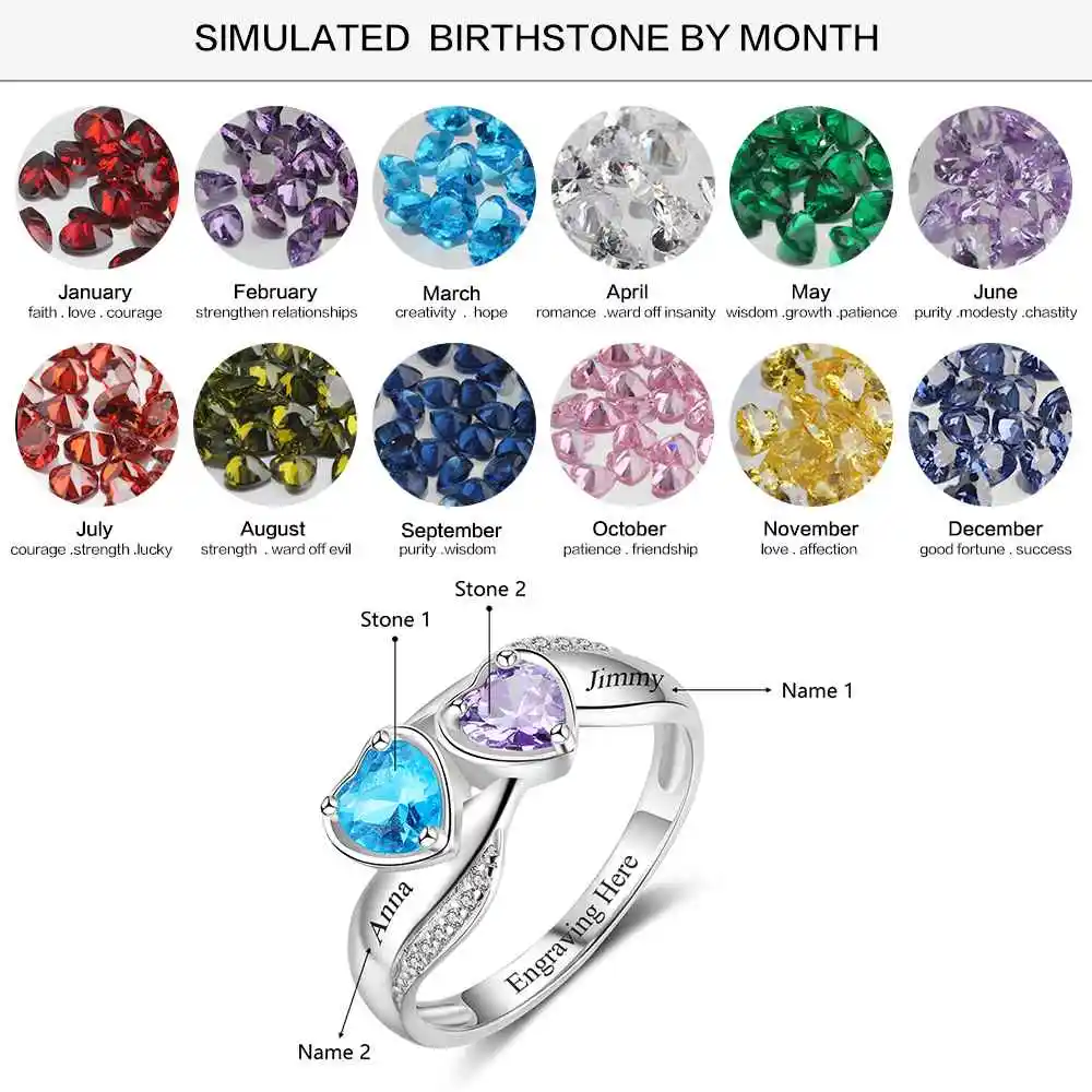 Heart Birthstone Personalized Engrave Name Promise Ring 925 Sterling Silver Anniversary Jewelry Gift For Her (JewelOra RI103261)