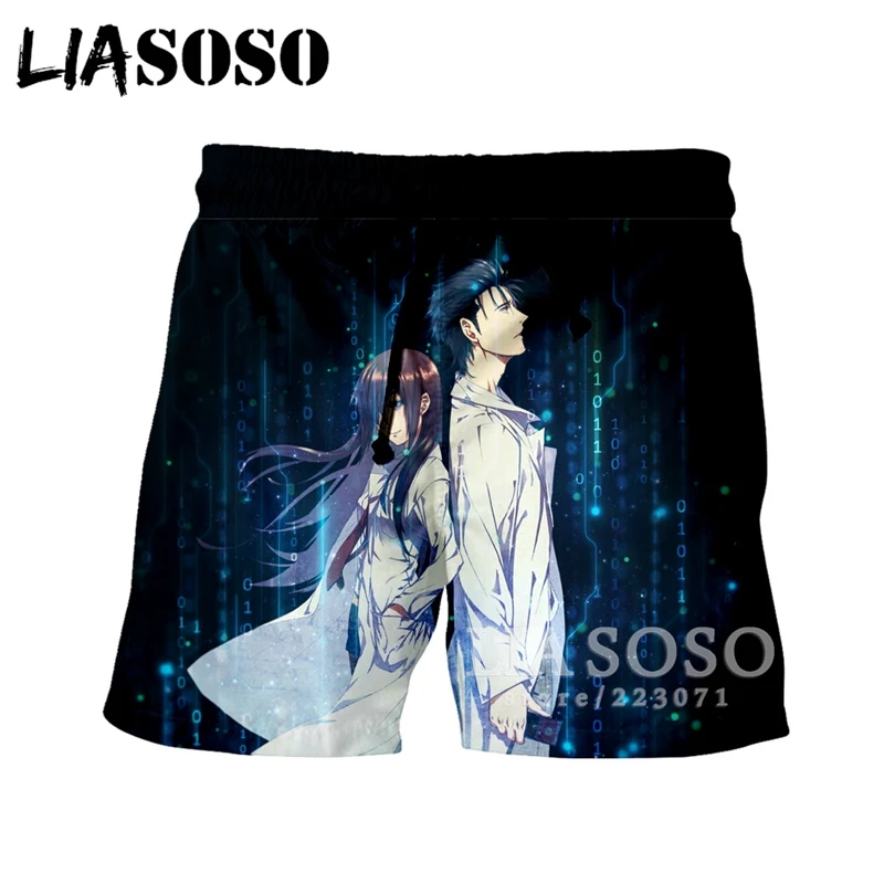 LIASOSO летние модные Для мужчин Для женщин шорты 3D принт в виде милого героя аниме steins Gate унисекс пляж Фитнес Harajuku Повседневное свободные ShortsA045-18