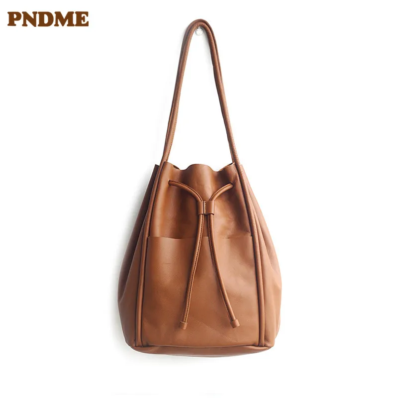 

PNDME simple genuine leather ladies tote bag soft first layer cowhide high quality women shopping bag female handbag mother bag