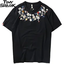 Японская футболка с цветочной вышивкой, уличная футболка для мужчин, Harajuku, футболка с цветочным принтом, хип-хоп, летняя, короткий рукав, хлопок, топ, футболка