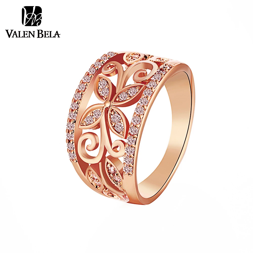 VALEN BELA Rose Gold Flower Cubic Zirconia Rings Women Size 6,7,8,9 Female Gold Plated Wedding Ring Jewelry Wholesale JZ5167