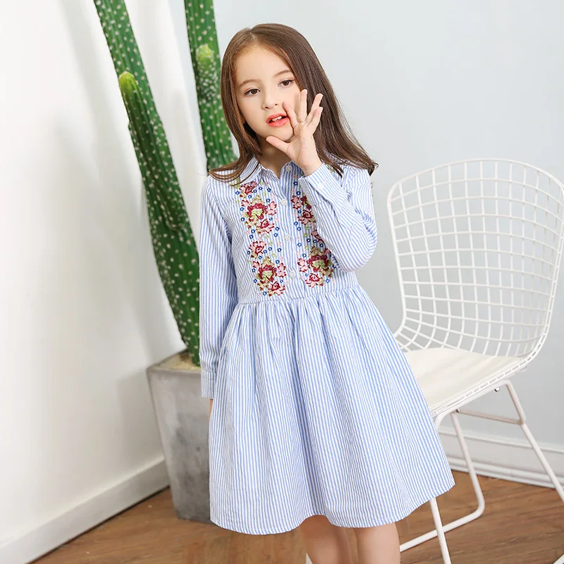 

2017 New Teen Girls Long Sleeve Dress Princess Flower Embroidery Striped Dress for Kids Girl Autumn Fall Dress 10 12 14 15 years