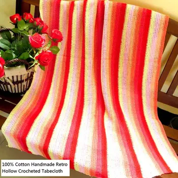 

100% Cotton Handmade Red Yellow Striped Crocheted Hook Weave Multi-function Blanket/Table Covers for Everyday Use