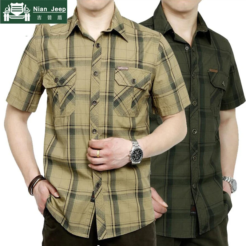  Brand Army Military Style Shirt Men 2018 Summer 100% Cotton Plaid Short Sleeve Mens Shirts Plus Siz