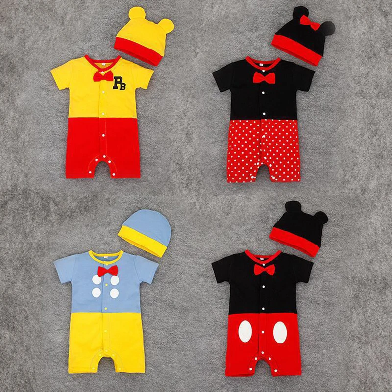 Комбинезон для маленьких девочек и мальчиков+ шапочка, одежда комбинезон с Микки и Минни Маус, детские костюмы, платья для новорожденных, комбинезон комплекты для малышей из 2 предметов