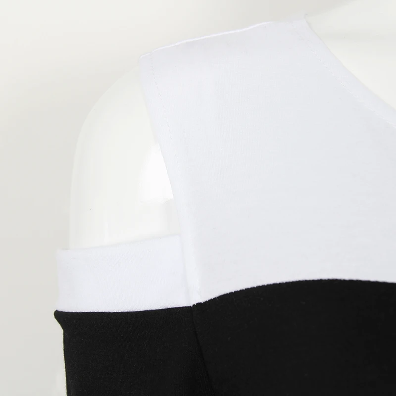 Осенние повседневные новые женские футболки Harajuku, Лоскутная футболка с длинным рукавом, плюс женский сексуальный топ с открытыми плечами GV313