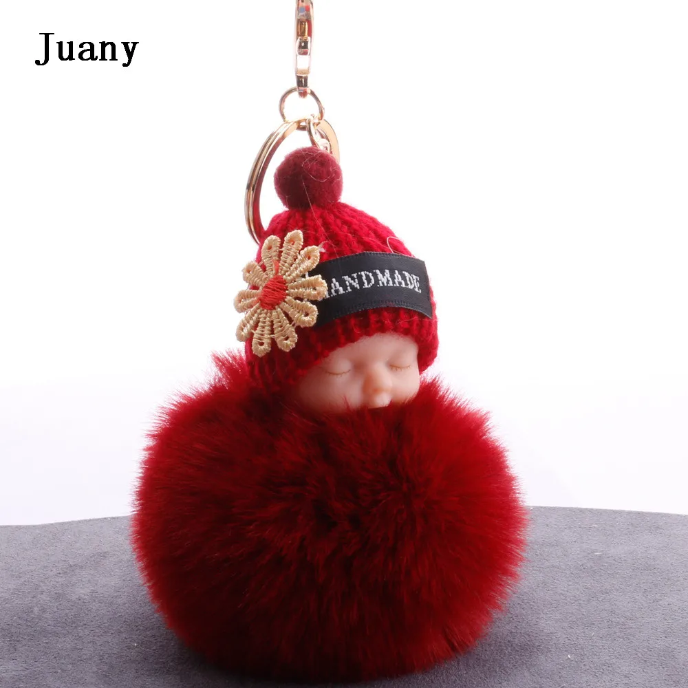 Fluffy fur pompom keychain cut sleeping baby doll keychain fake rabbit fur key chain 06