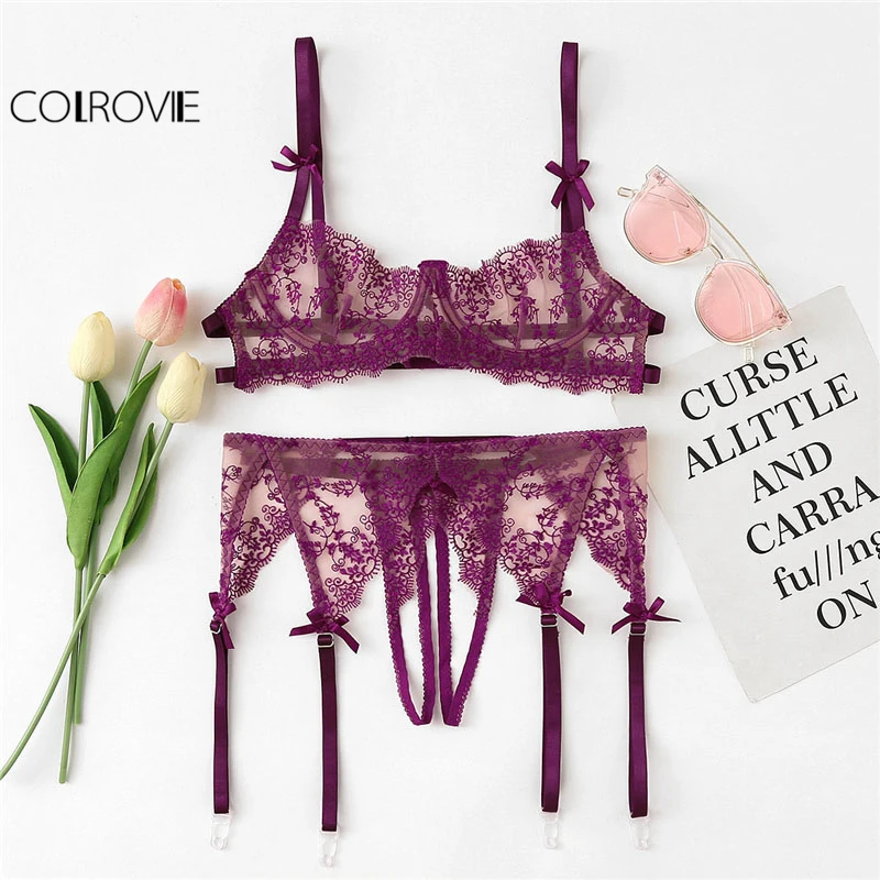 COLROVIE Purple Lace Bra And Open Crotch Thong And Garter Set Women 2019 Spring Fashion Floral Sexy Underwear Lingerie Sets