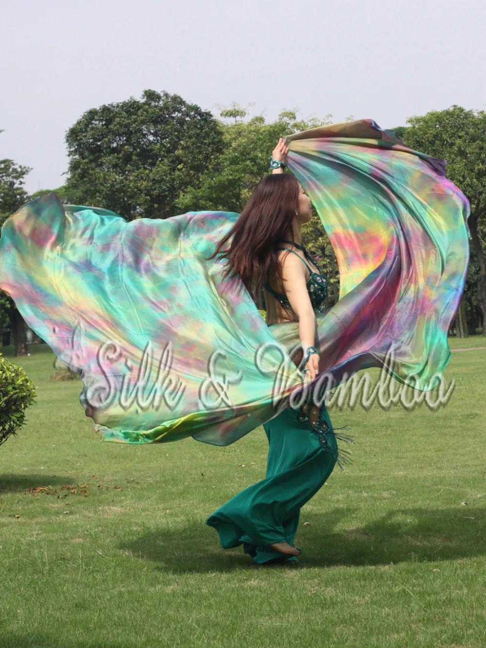 

turquoise+yellow+pink tie dye, 1 PIECE 2.7m*1.14m(3 yard*45") tie-dye 6mm habotai real silk belly dance double veil.