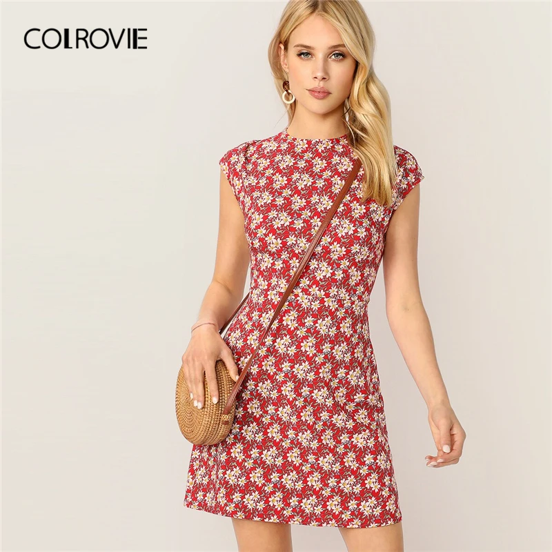 

COLROVIE Red Zip Back Ditsy Floral Print Boho Mini Dress Women Clothes 2019 Summer Vacation Fit and Flare Holiday Ladies Dresses