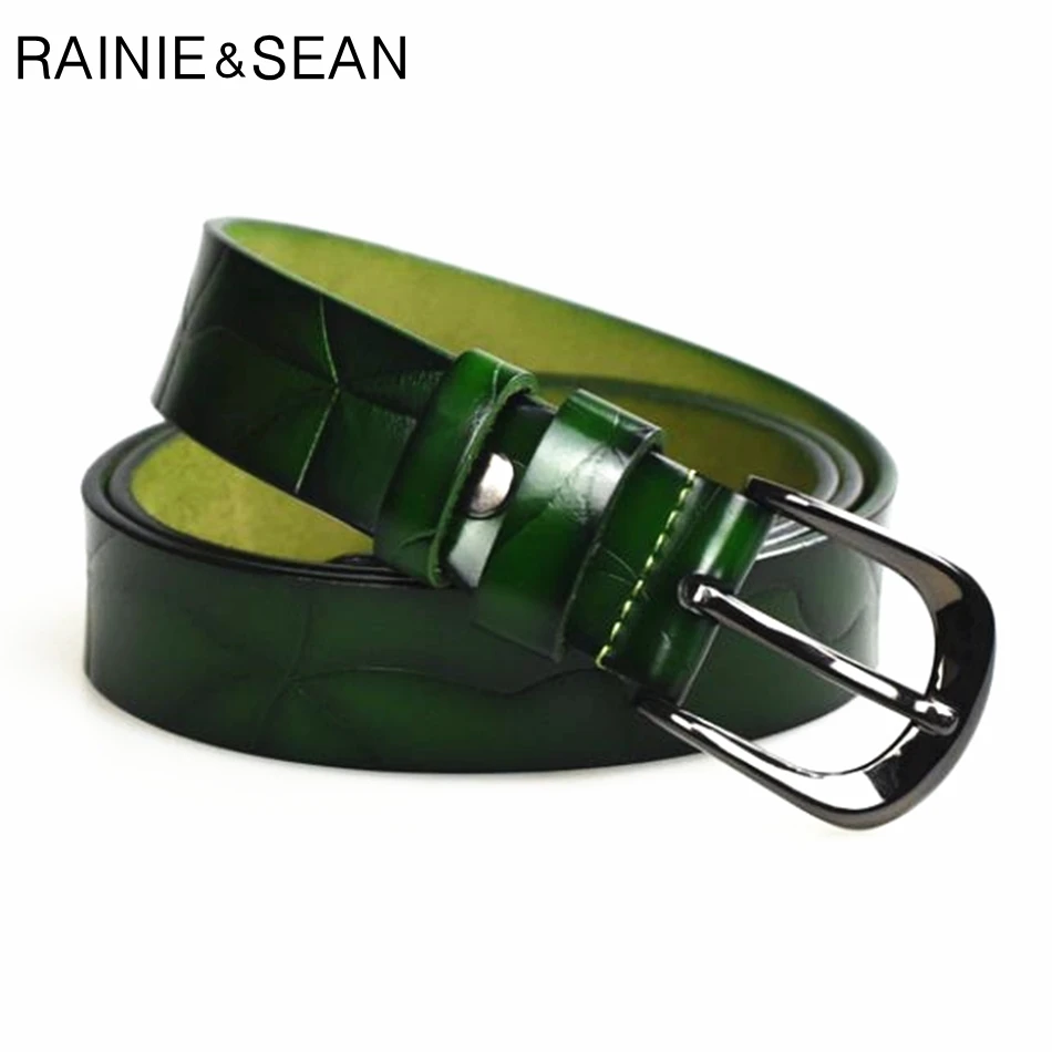 

RAINIE SEAN Green Genuine Leather Women Belt Pin Buckle Leather Belt For Jeans Ladies Real Leather Brand Casual Waist Belts