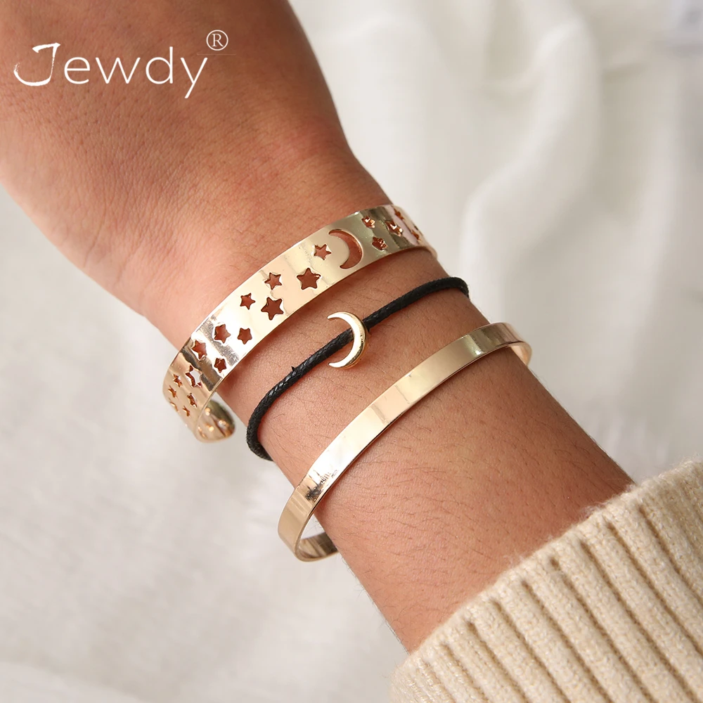 

3 Pcs/set Punk Hollow Moon Star Bangle Gold Silver Bracelets Leather Chain Pendant Bracelet Female Charm Multilayer Cuff Jewelry