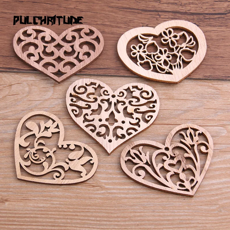 

PULCHRITUDE 10Pcs Unfinished Mix Carved Heart Wooden Scrapbooking Crafts For Handmade DIY Handcraft Wood Slices Home Decoration