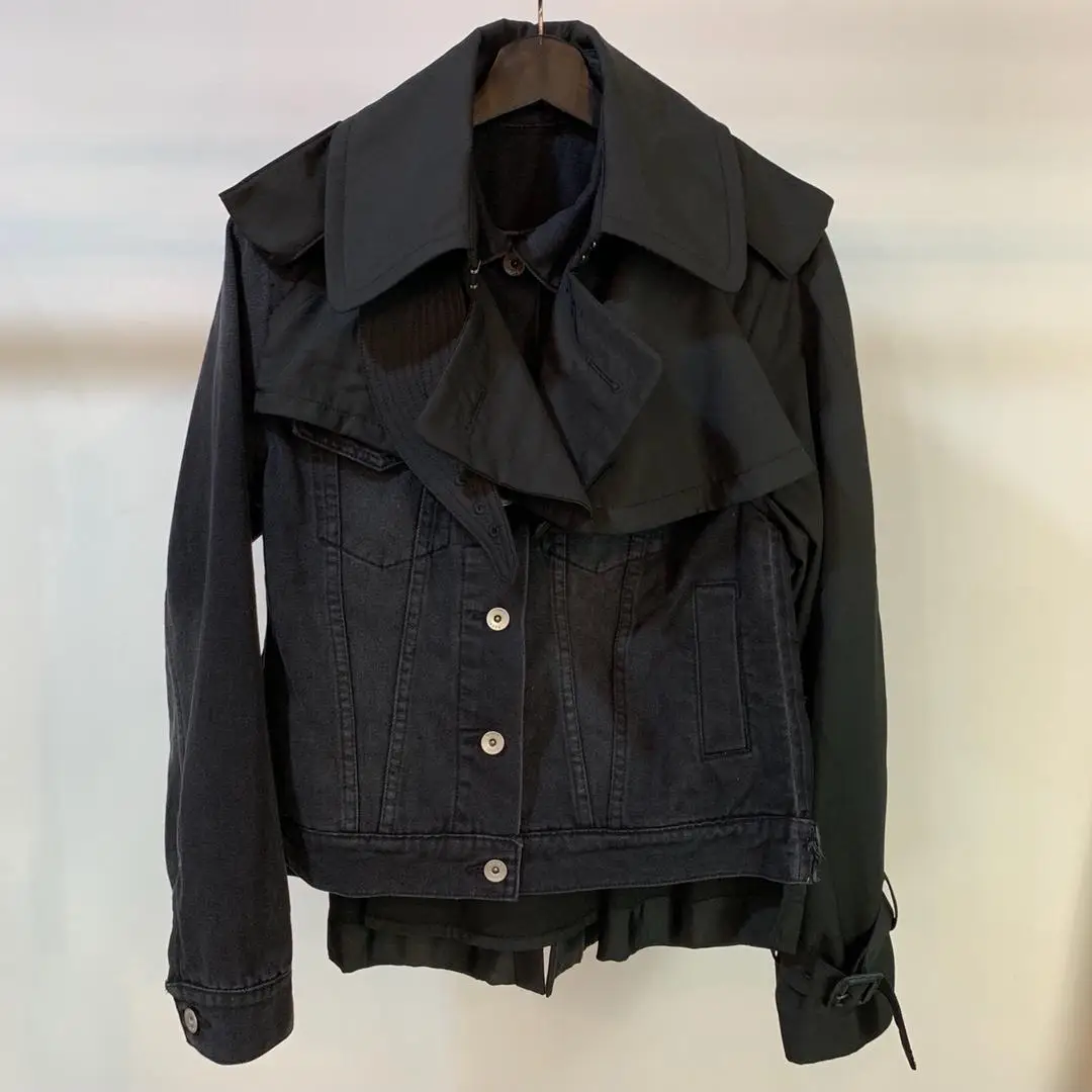 

2019 new ladies high quality fashion long sleeve double lapels stitching denim windbreaker 0720