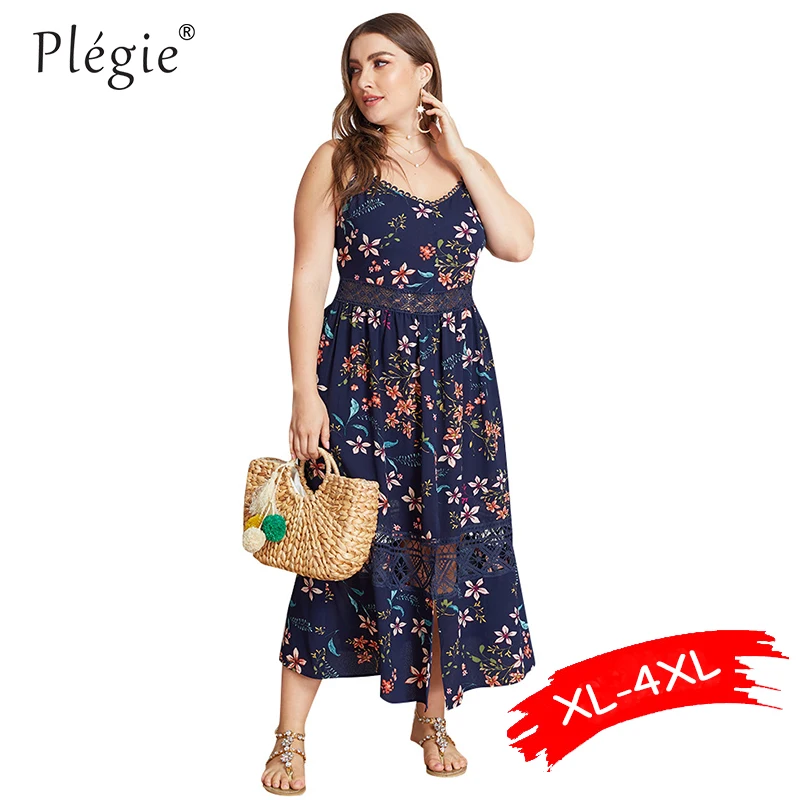 

Plegie Summer Suspender Dress Women Plus Size Lace Patchwork Hollow Out Split Party Beach Dresses 2019 Floral Printed Dress