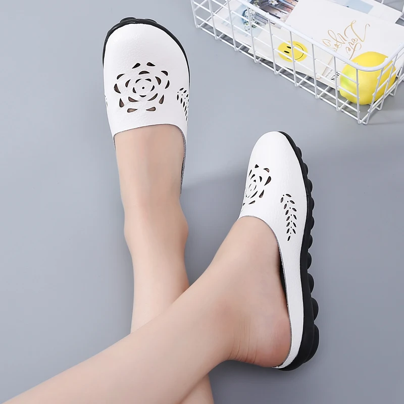 Casual Summer Shoes Woman Genuine Leather Flats Women Hollow Women's Loafers Female Solid Shoe Large Size 35-44 n794