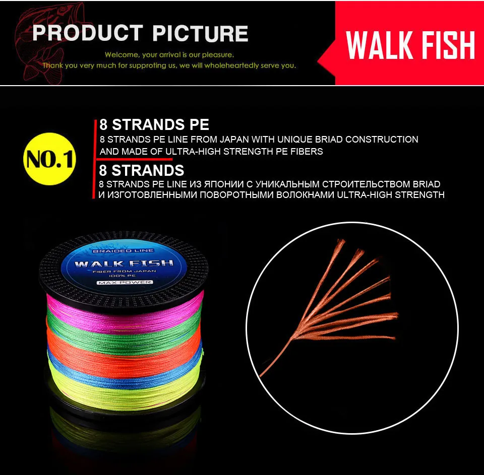 Caminhada de Peixe Linha de Pesca Trançada Fios Super Strong Japão Multifilament pe Linha Trança 13-242lb 9 Cor Disponível 8 1000 m 3 Multifilament PE Linha Trança 13-242LB 9 Cor Disponível