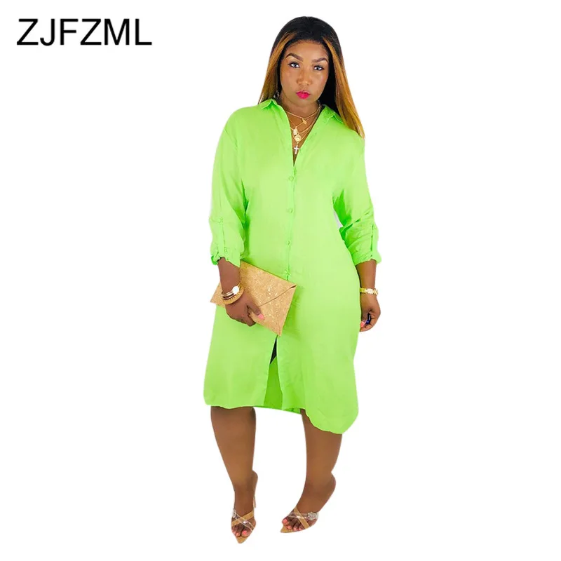 

Neon Green Summer Loose T Shirt Dress Women Turn Down Collar Long Sleeve Midi Dress Casual Buttons Up Backless Side Split Dress