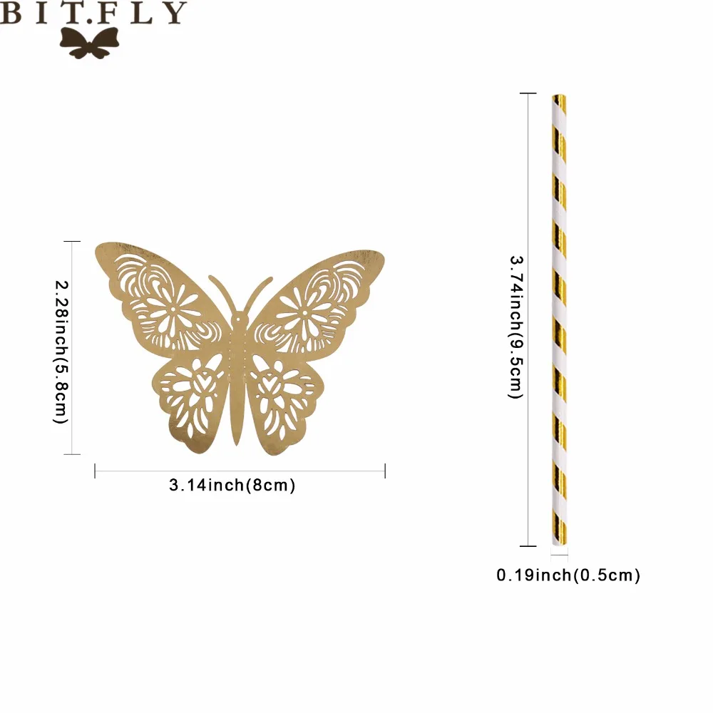 Украшение для свадебной вечеринки, 25 шт., золотая, серебряная, в полоску, соломинка и 3D ПВХ, бабочка для DIY, wendding, на день рождения, для украшения бара